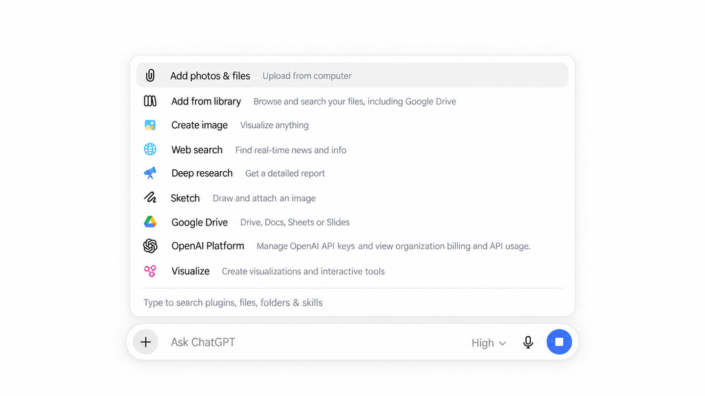 ChatGPT tools menu showing file upload, image creation, web search, and research options