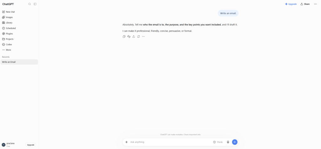 Vague ChatGPT prompt example asking Write an email and receiving a request for more context