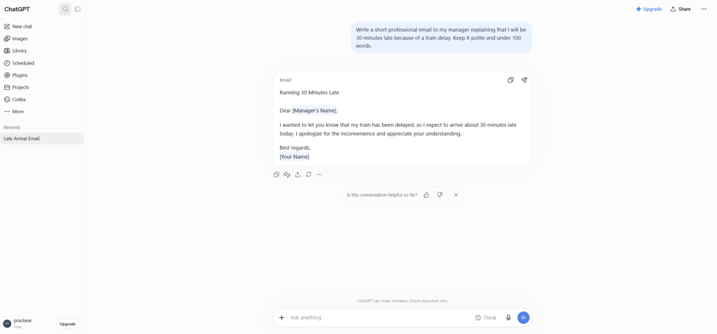 Specific ChatGPT prompt example producing a professional late arrival email