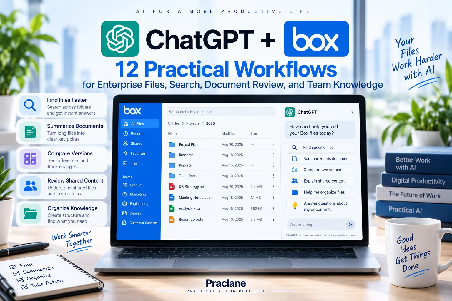 ChatGPT and Box workflows for enterprise file search, document summaries, version comparison, shared content, and document review