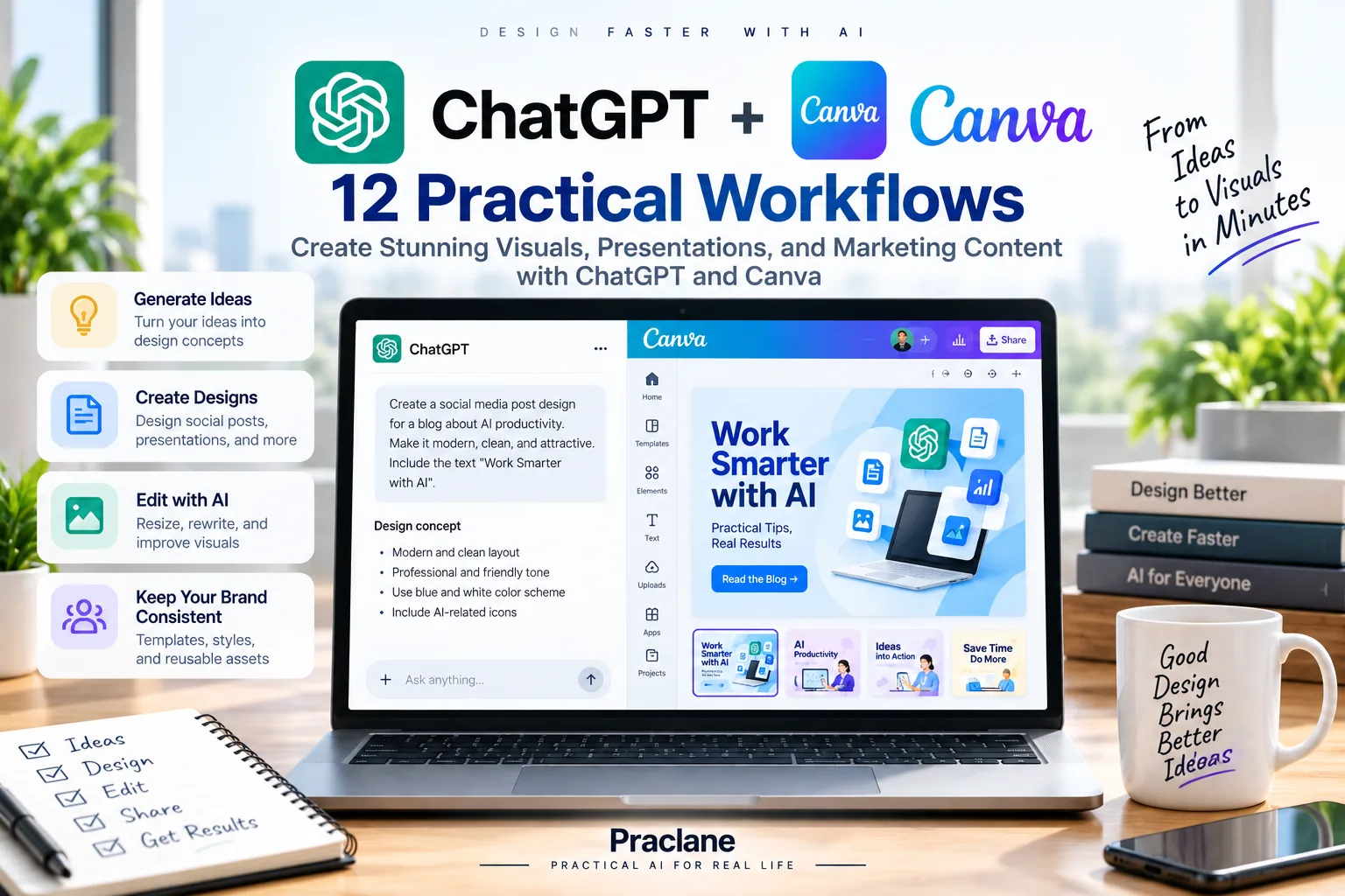 ChatGPT and Canva workflows for presentations, flyers, social graphics, design briefs, and visual content creation