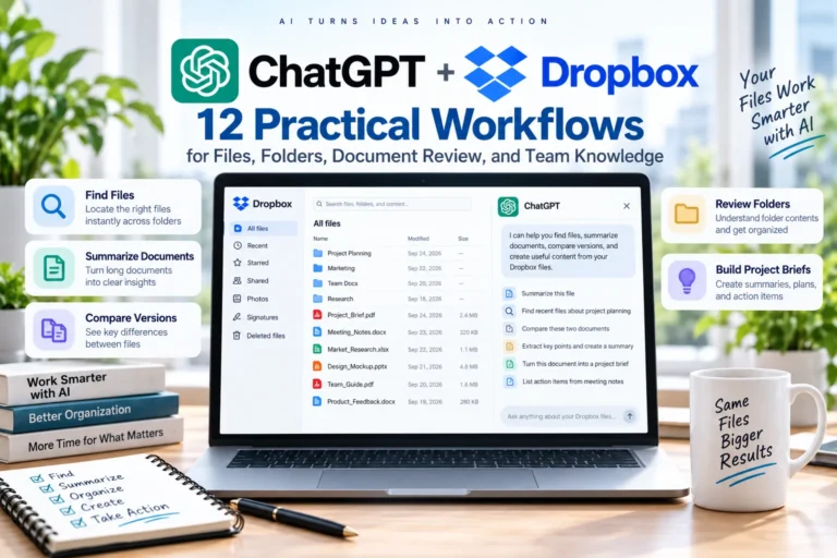 ChatGPT and Dropbox workflows for file search, folder review, document summaries, version comparison, and team knowledge