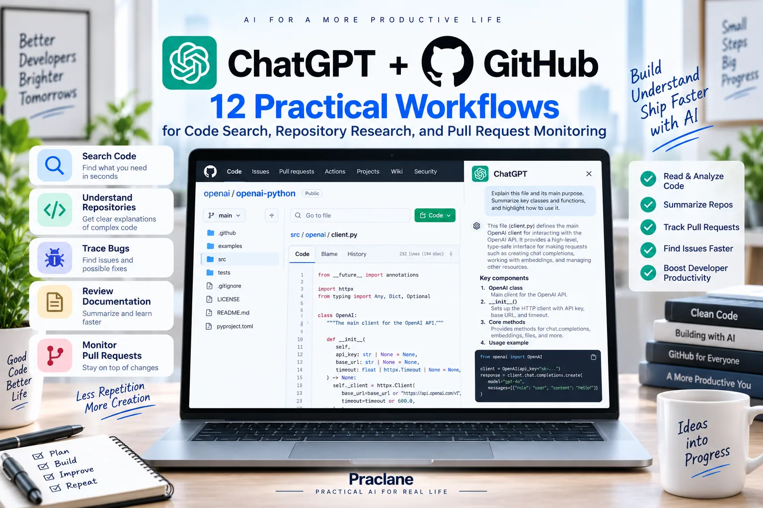 ChatGPT and GitHub workflows for code search, repository research, debugging, documentation review, and pull request monitoring