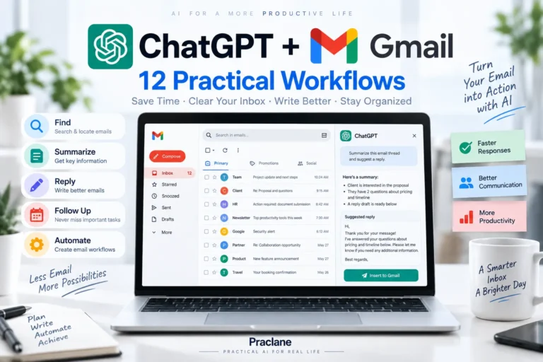 ChatGPT and Gmail workflows for finding messages, summarizing threads, drafting replies, follow-ups, and automation