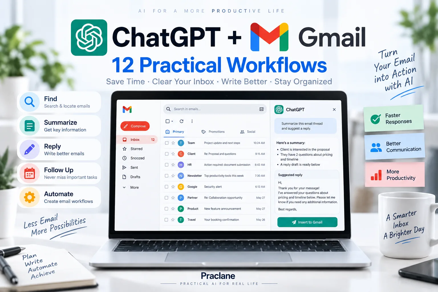 ChatGPT and Gmail workflows for finding messages, summarizing threads, drafting replies, follow-ups, and automation