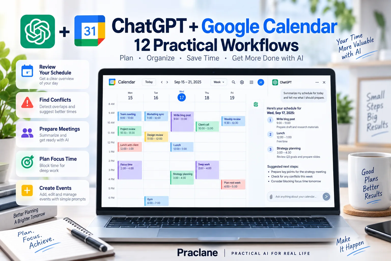 ChatGPT and Google Calendar workflows for schedule reviews, conflicts, meetings, focus time, and event planning