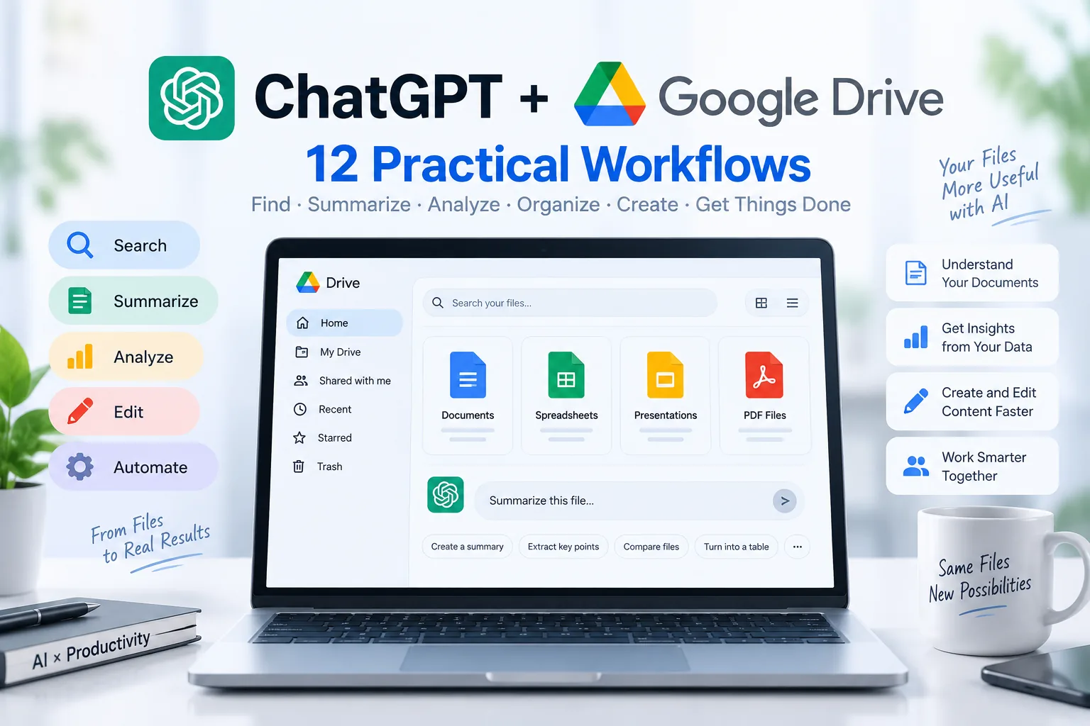 ChatGPT and Google Drive workflows for finding, summarizing, analyzing, editing, and organizing files