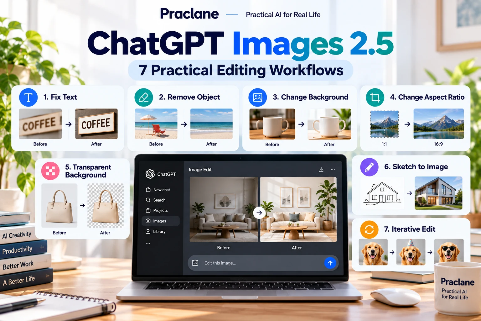 ChatGPT Images 2.5 editing workflows for fixing text, removing objects, changing backgrounds, aspect ratios, transparency, sketches, and iterative edits