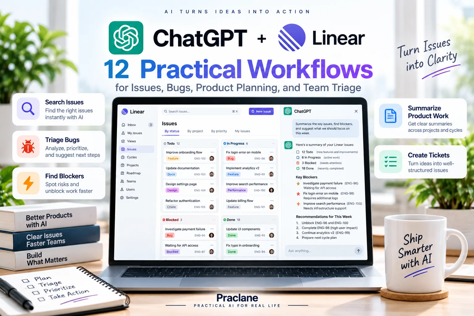ChatGPT and Linear workflows for issue search, bug triage, blockers, product planning, summaries, and ticket creation