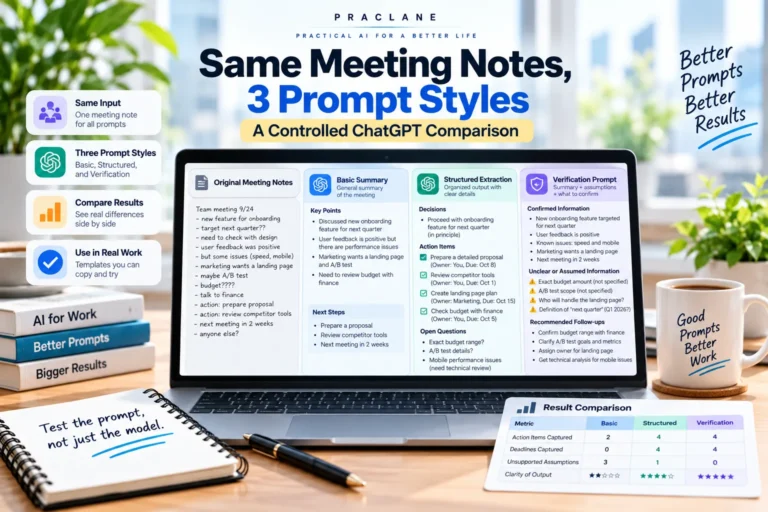 Comparison of three ChatGPT meeting note prompt styles: basic summary, structured extraction, and verification-focused