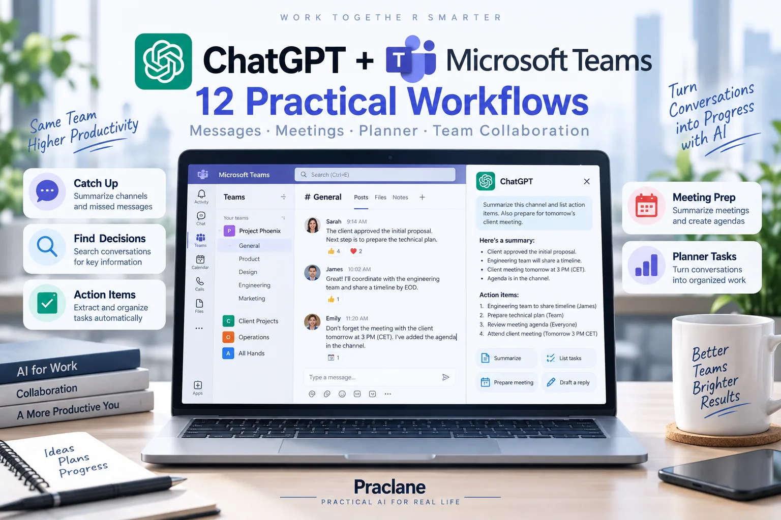 ChatGPT and Microsoft Teams workflows for channel summaries, decisions, meetings, Planner tasks, transcripts, and team collaboration