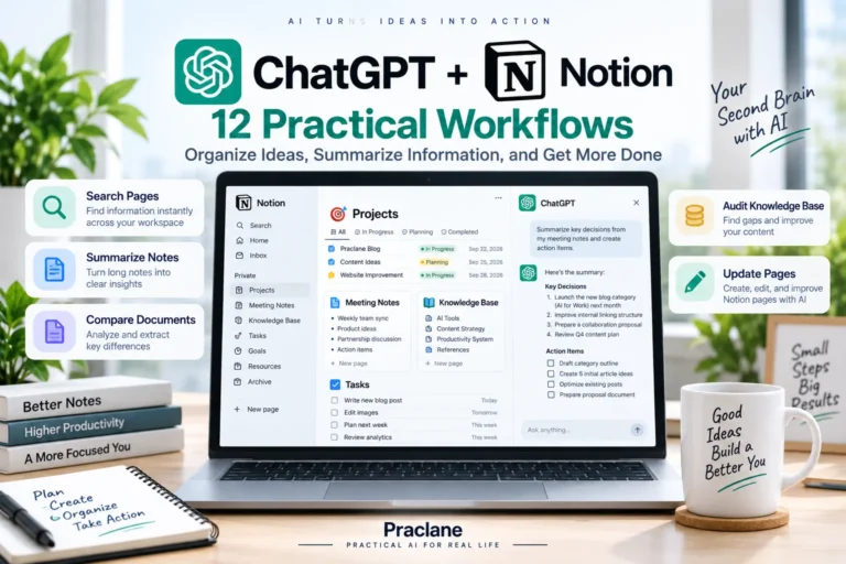 ChatGPT and Notion workflows for notes, projects, knowledge bases, page search, summaries, and supported page updates