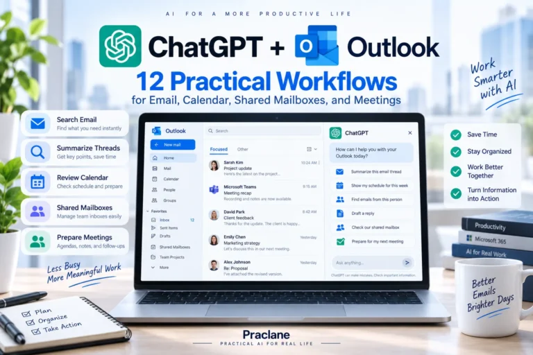 ChatGPT and Outlook workflows for email search, thread summaries, calendars, shared mailboxes, contacts, and meeting preparation