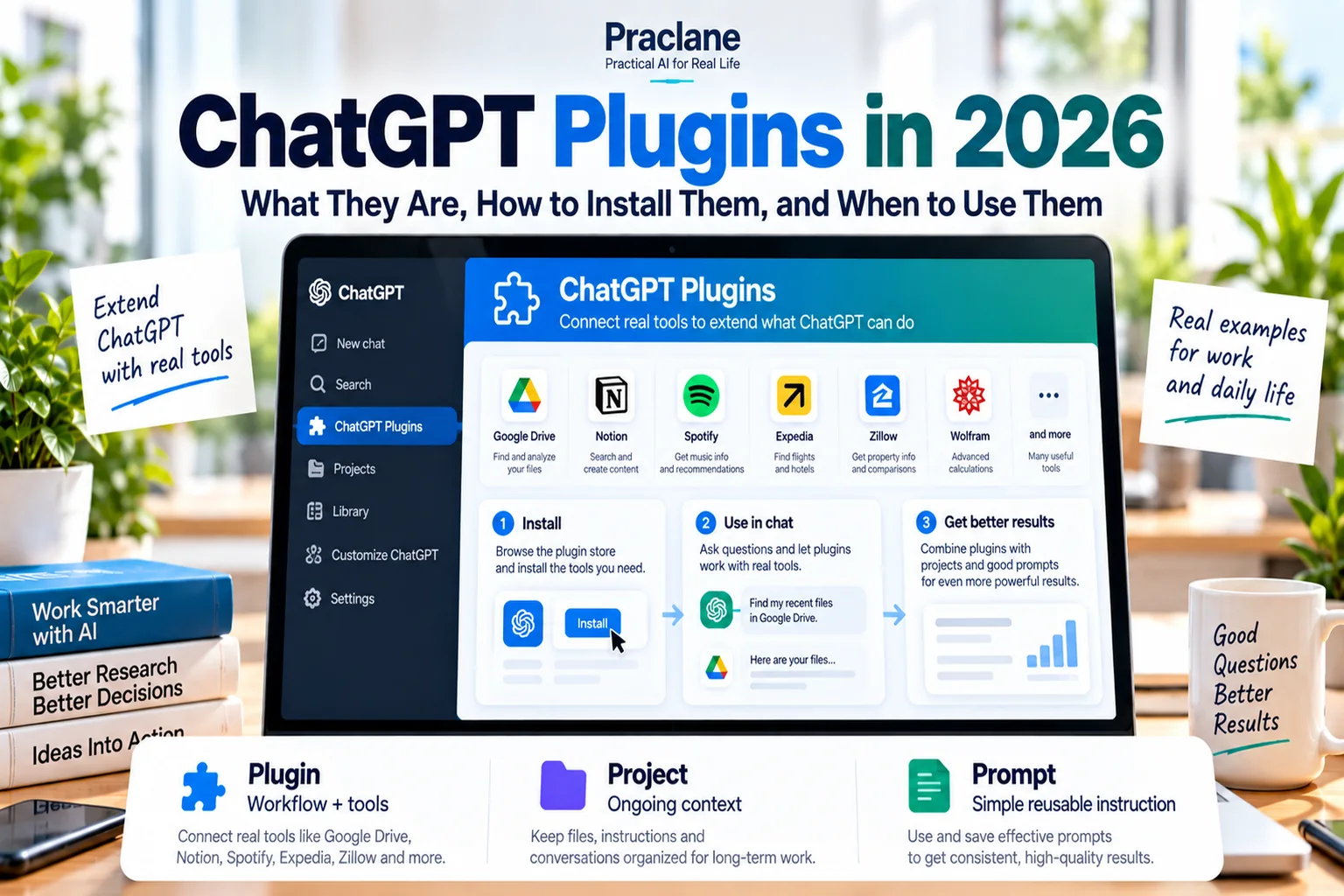 ChatGPT Plugins in 2026 guide comparing plugins, Projects, prompts, connected apps, and reusable workflows