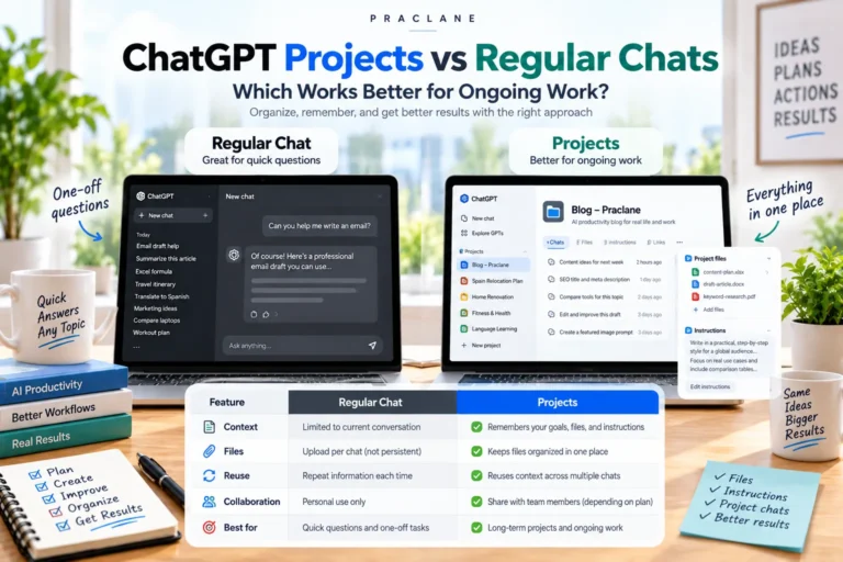 ChatGPT Projects compared with regular chats for ongoing work, files, instructions, and reusable context