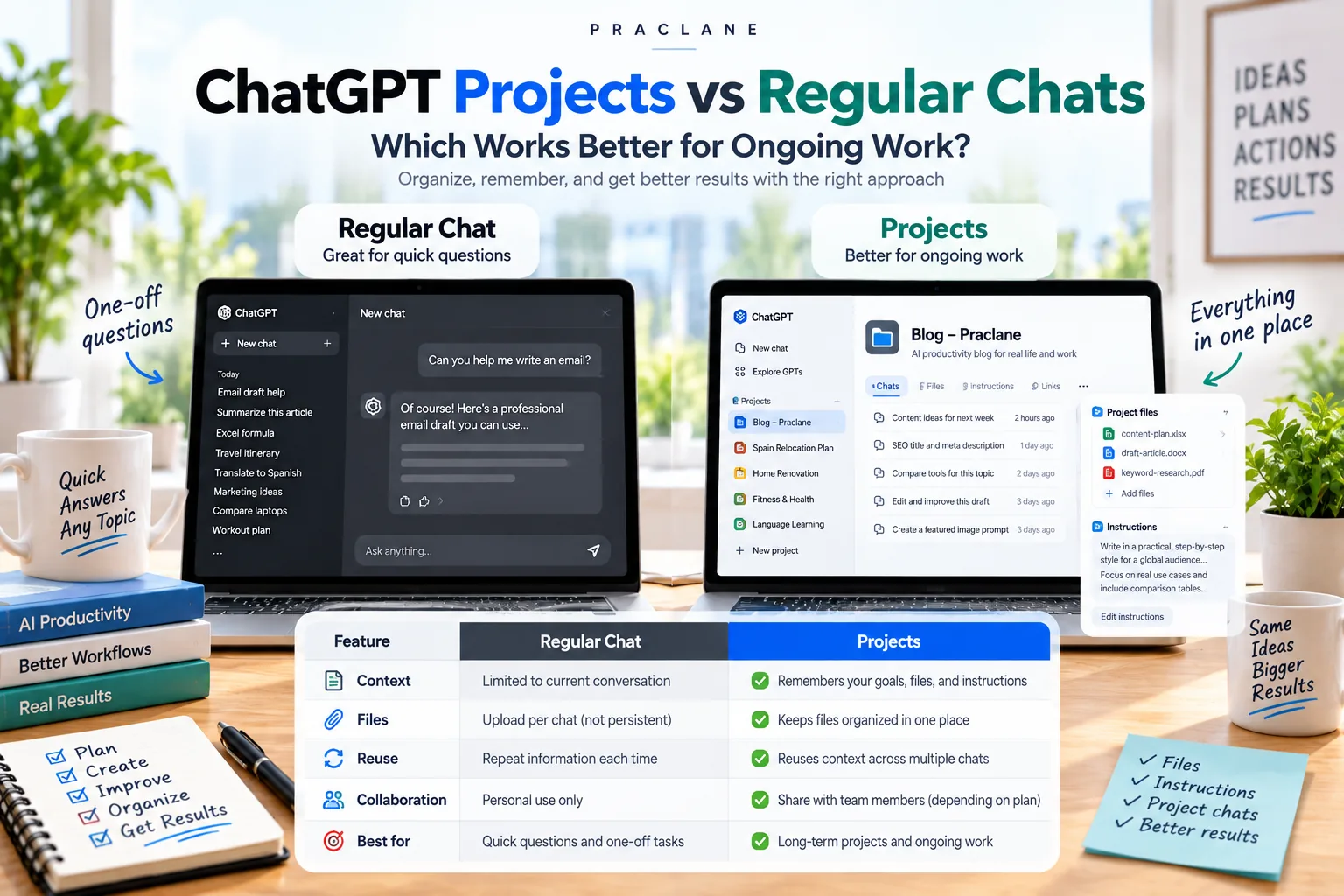 ChatGPT Projects compared with regular chats for ongoing work, files, instructions, and reusable context