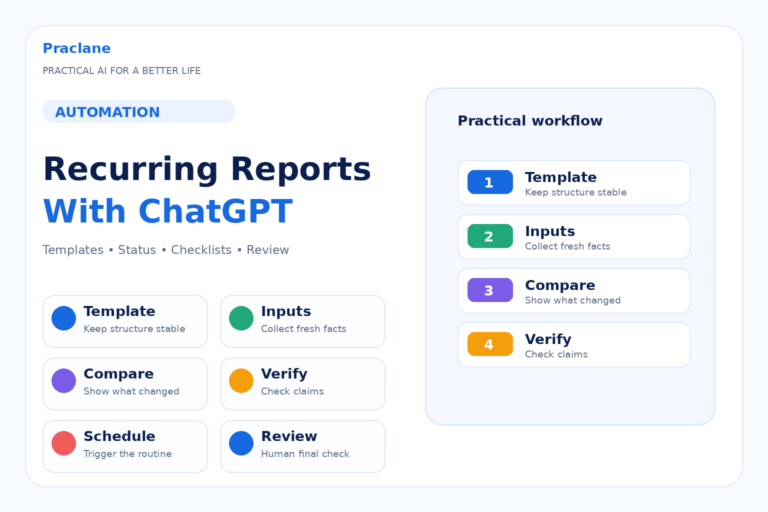 How to use ChatGPT for recurring reports with reusable templates, weekly status updates, checklists, Scheduled Tasks, and human review