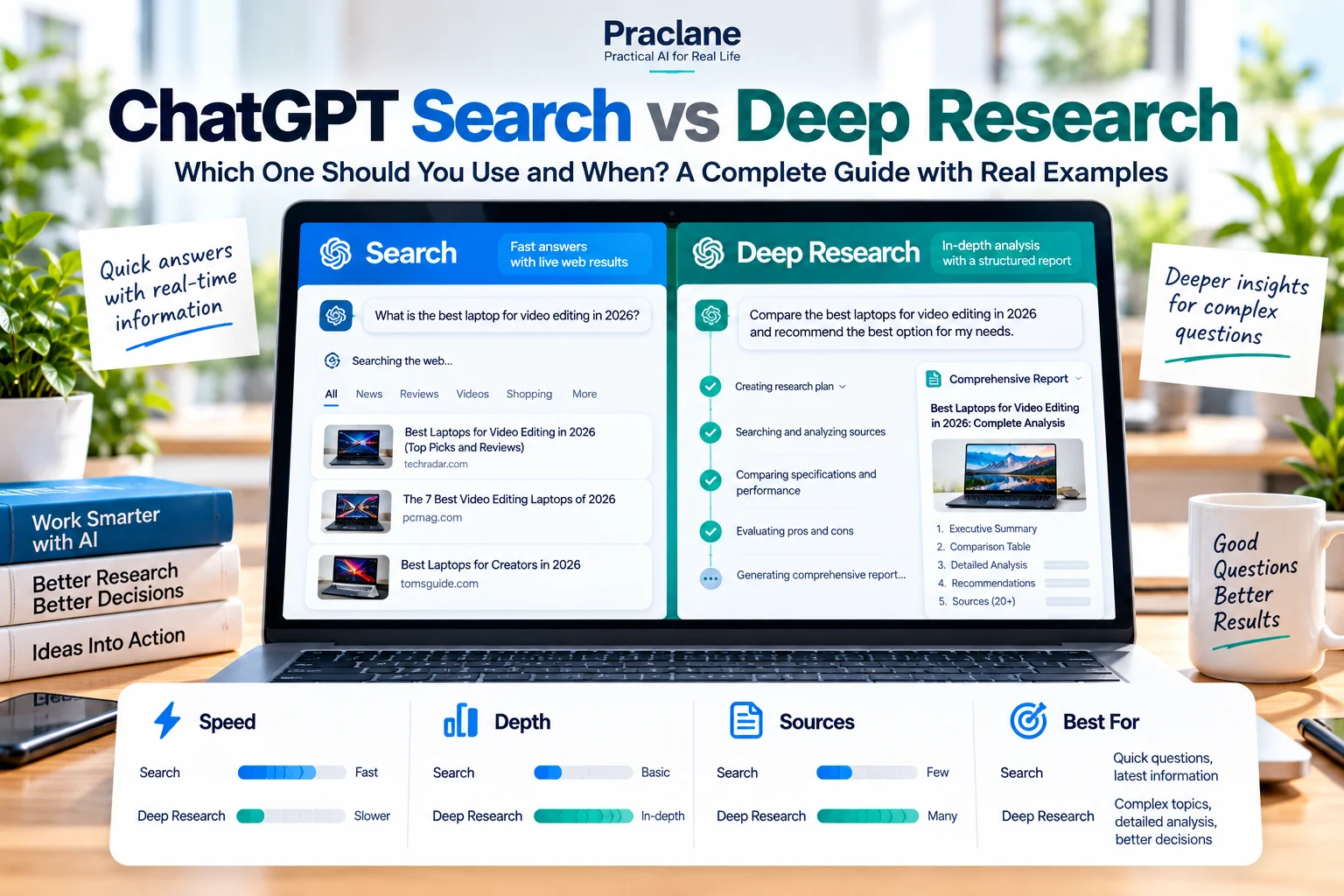ChatGPT Search vs Deep Research comparison showing speed, depth, sources, and best-use scenarios