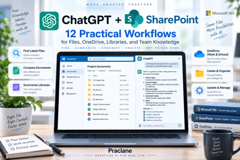 ChatGPT and SharePoint workflows for finding files, comparing documents, OneDrive work content, libraries, folders, and team knowledge