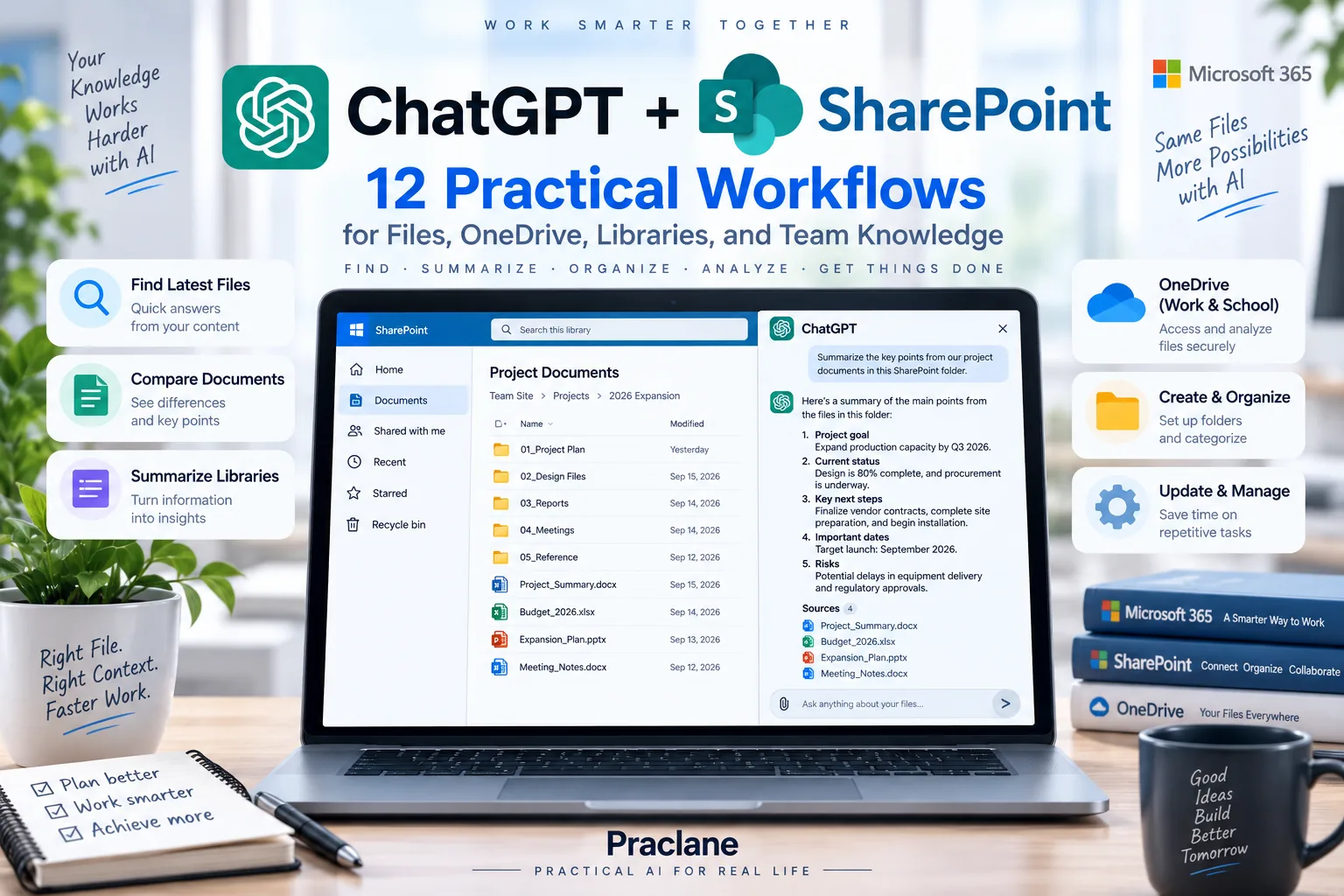 ChatGPT and SharePoint workflows for finding files, comparing documents, OneDrive work content, libraries, folders, and team knowledge
