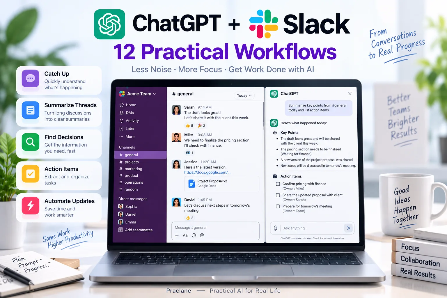 ChatGPT and Slack workflows for channel recaps, thread summaries, search, action items, and team automation