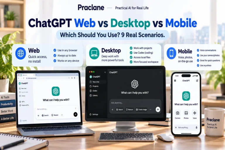 ChatGPT web, desktop, and mobile comparison for quick questions, deep work, voice, files, and real-world scenarios