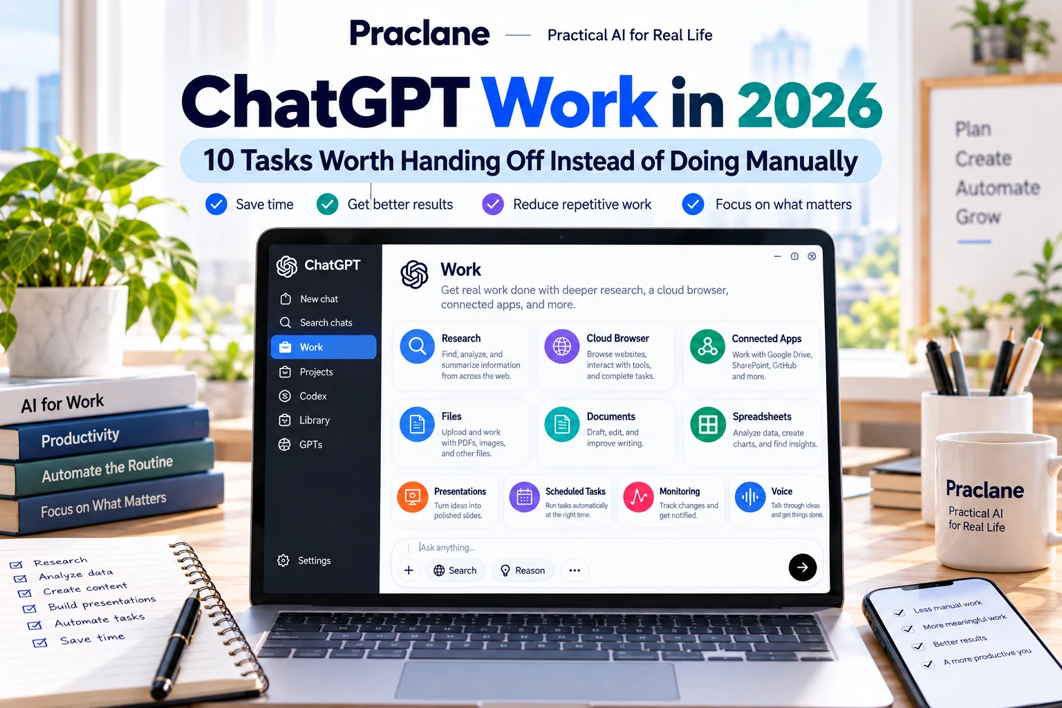 ChatGPT Work in 2026 guide showing research, cloud browser, connected apps, files, documents, spreadsheets, presentations, monitoring, and voice