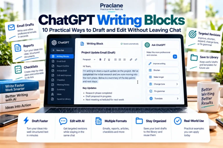 ChatGPT Writing Blocks guide for drafting and editing emails, reports, checklists, and reusable documents in chat