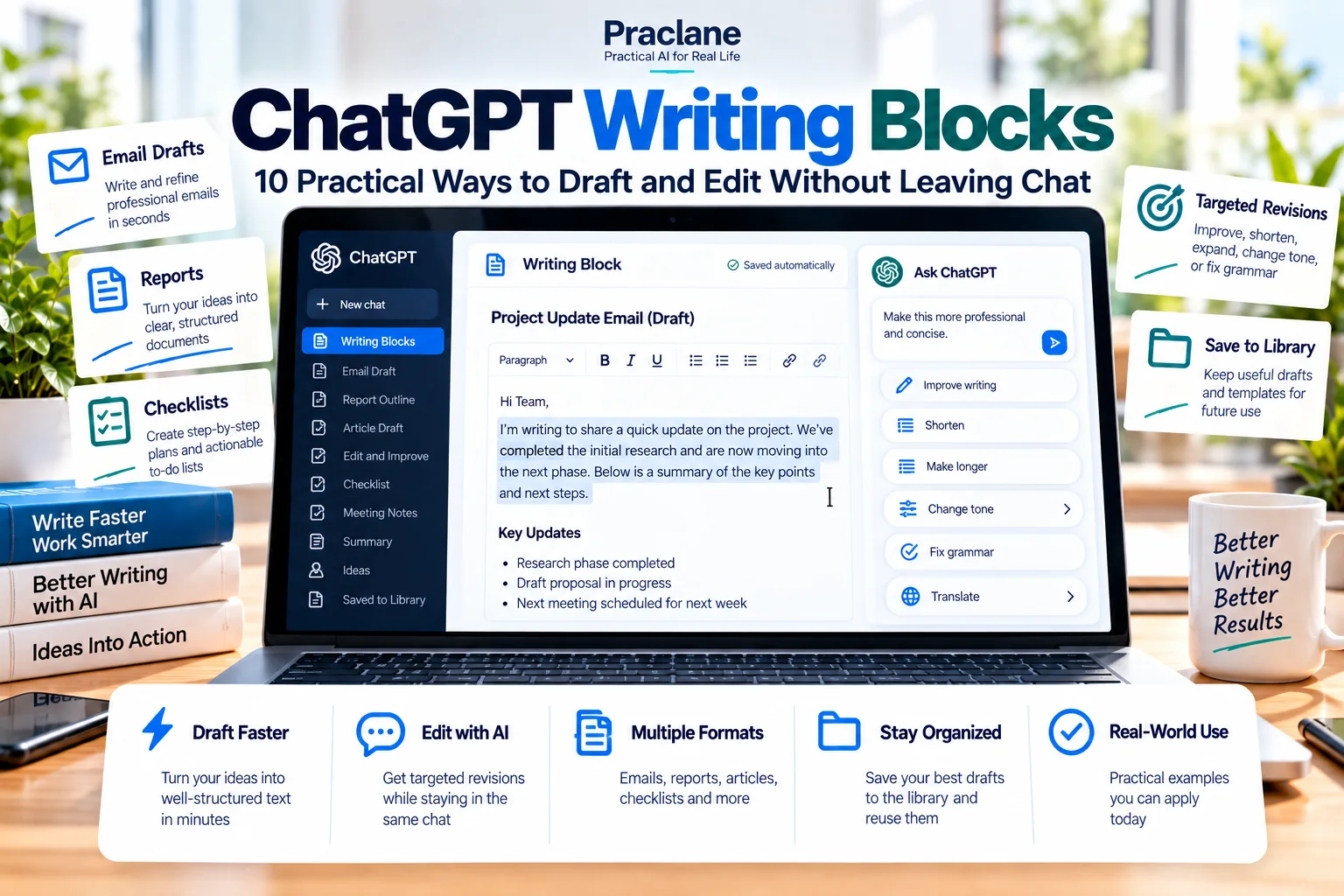 ChatGPT Writing Blocks guide for drafting and editing emails, reports, checklists, and reusable documents in chat