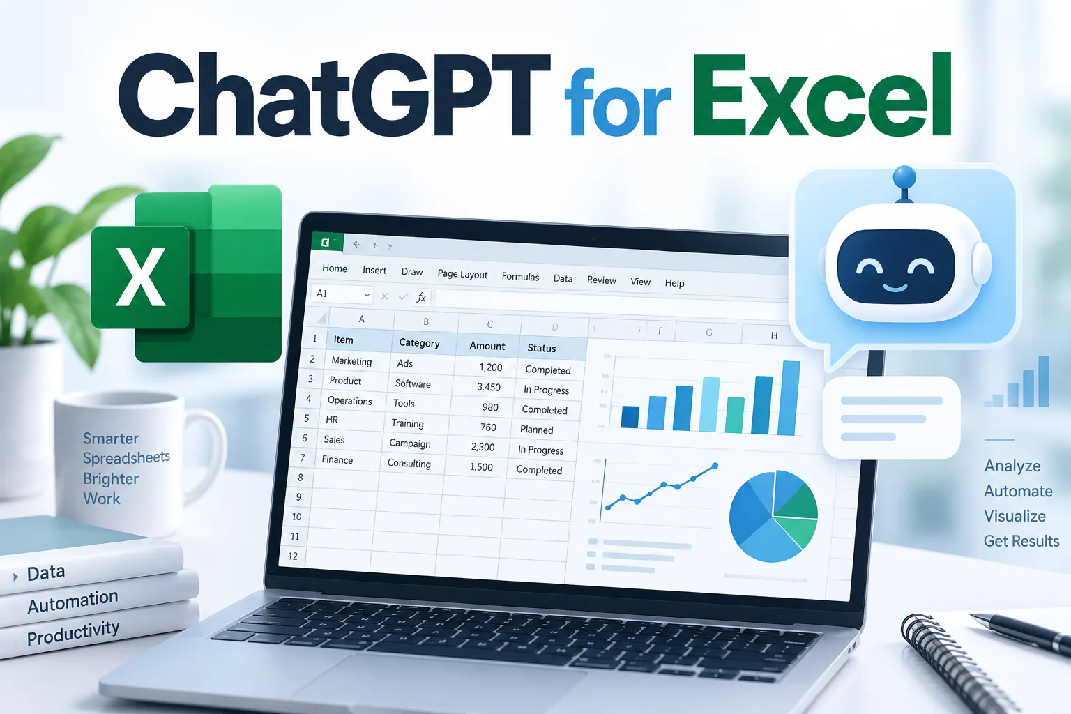 ChatGPT for Excel guide with spreadsheet analysis, charts, formulas, and automation