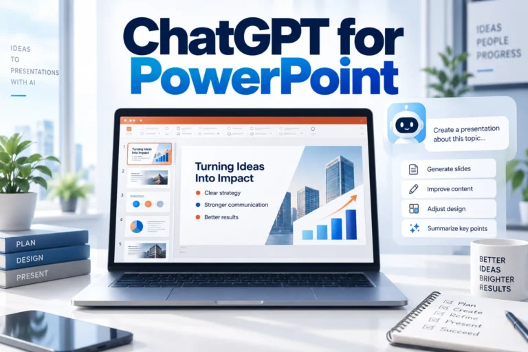 ChatGPT for PowerPoint guide with slide creation, editing, speaker notes, and presentation review