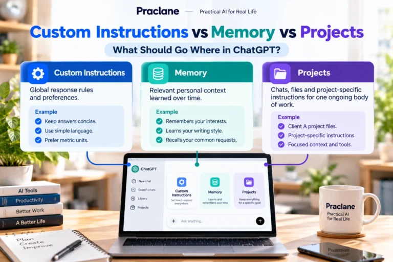 ChatGPT Custom Instructions, Memory, and Projects comparison showing what information belongs in each feature
