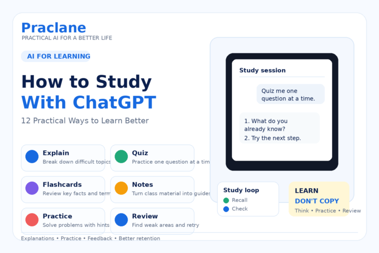 How to study with ChatGPT using practical learning methods such as quizzes, flashcards, notes, practice, and review