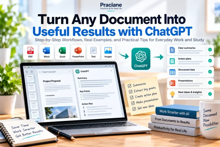 ChatGPT document workflow showing a PDF turned into summaries, action plans, structured data, and verified results