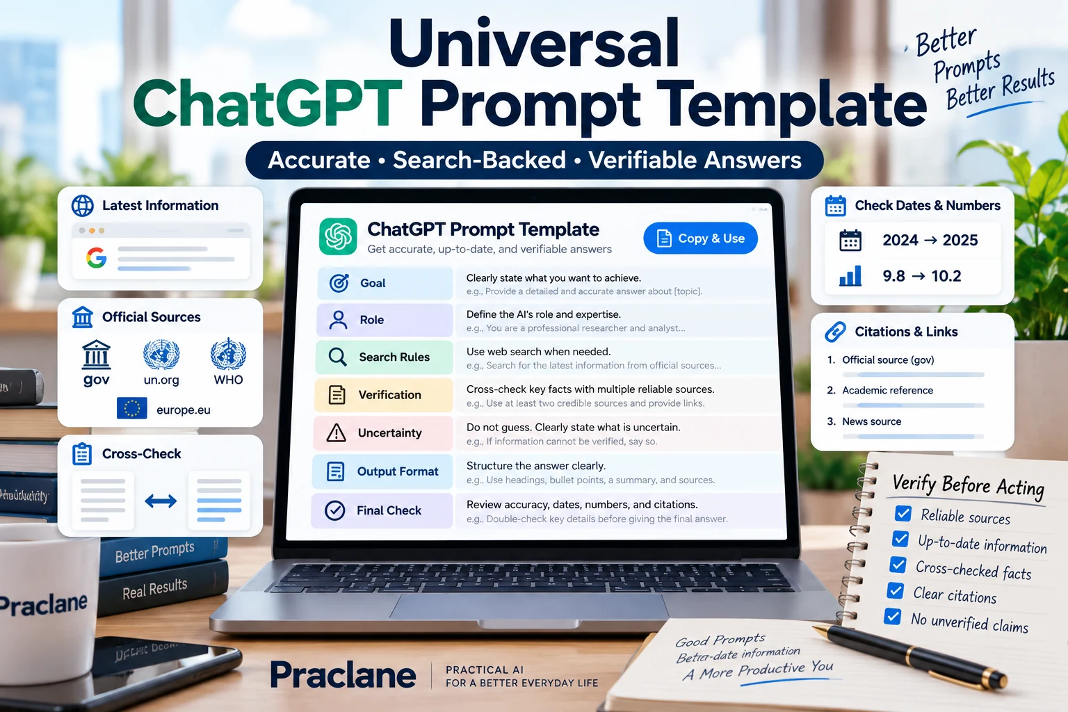 Universal ChatGPT prompt template for accurate, search-backed, verifiable answers with source checks and uncertainty handling