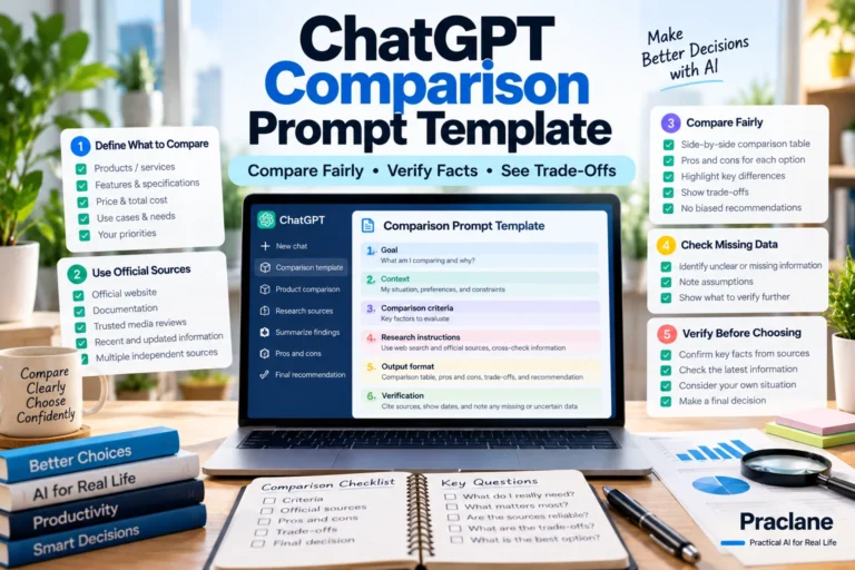ChatGPT comparison prompt template for fair criteria, official sources, verified facts, missing data, and trade-offs