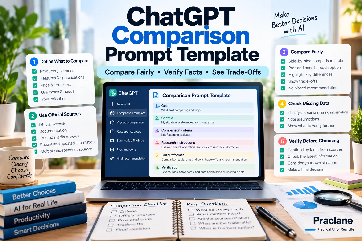 ChatGPT comparison prompt template for fair criteria, official sources, verified facts, missing data, and trade-offs