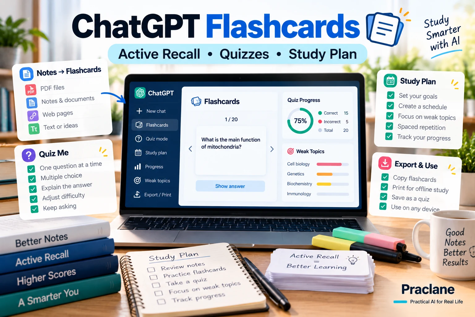 ChatGPT flashcards study guide for active recall, quizzes, weak-topic review, and study planning