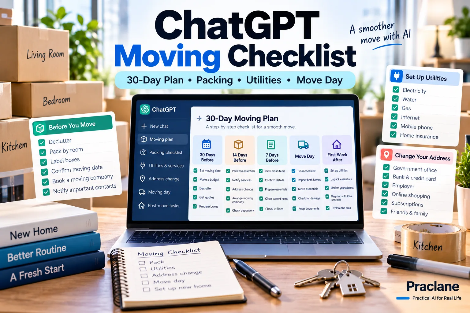 ChatGPT moving checklist with a 30-day plan for packing, utilities, address changes, move day, and first-week setup