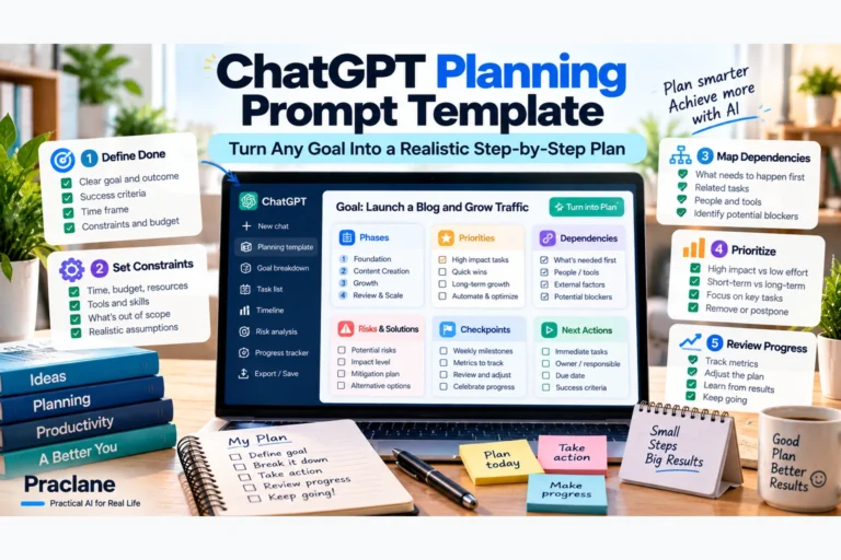 ChatGPT planning prompt template for goals, phases, priorities, dependencies, risks, checkpoints, and next actions