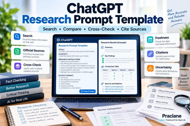 ChatGPT research prompt template for web search, official sources, cross-checking, freshness, citations, and uncertainty